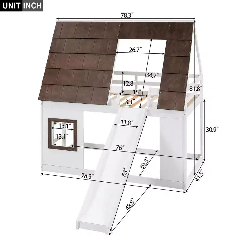 Lit superposé simple Lit mezzanine ludique Lit cabane pour enfants avec échelle, toboggan et toit, blanc et marron - ModernLuxe