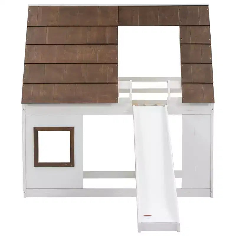 Lit superposé simple Lit mezzanine ludique Lit cabane pour enfants avec échelle, toboggan et toit, blanc et marron - ModernLuxe