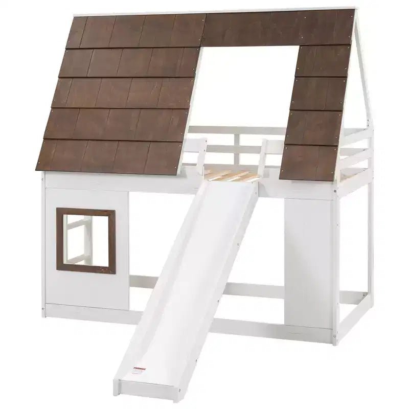 Lit superposé simple Lit mezzanine ludique Lit cabane pour enfants avec échelle, toboggan et toit, blanc et marron - ModernLuxe