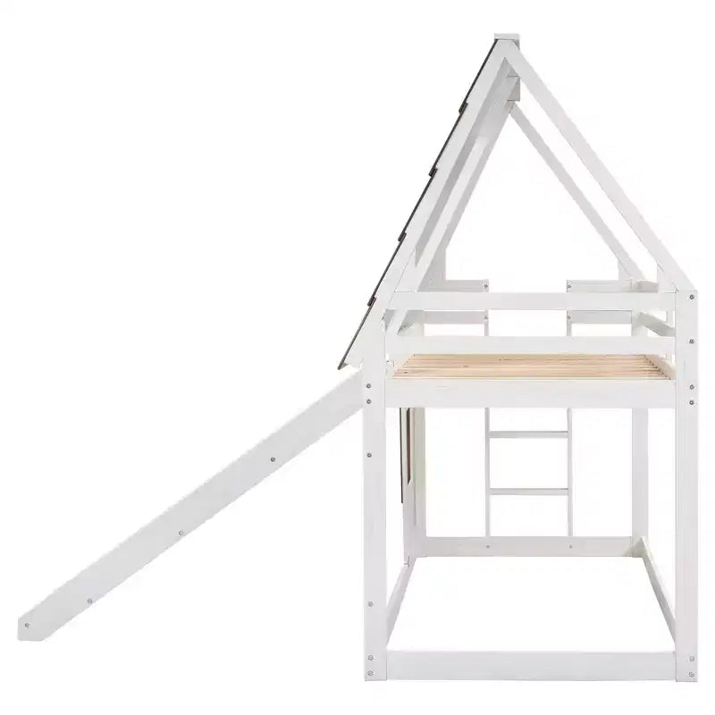 Lit superposé simple Lit mezzanine ludique Lit cabane pour enfants avec échelle, toboggan et toit, blanc et marron - ModernLuxe
