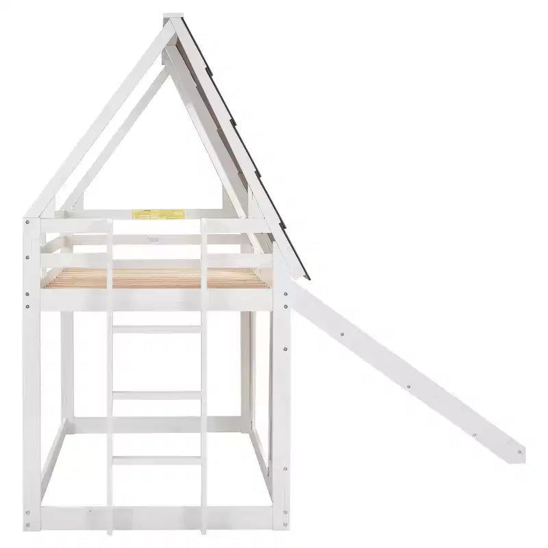 Lit superposé simple Lit mezzanine ludique Lit cabane pour enfants avec échelle, toboggan et toit, blanc et marron - ModernLuxe