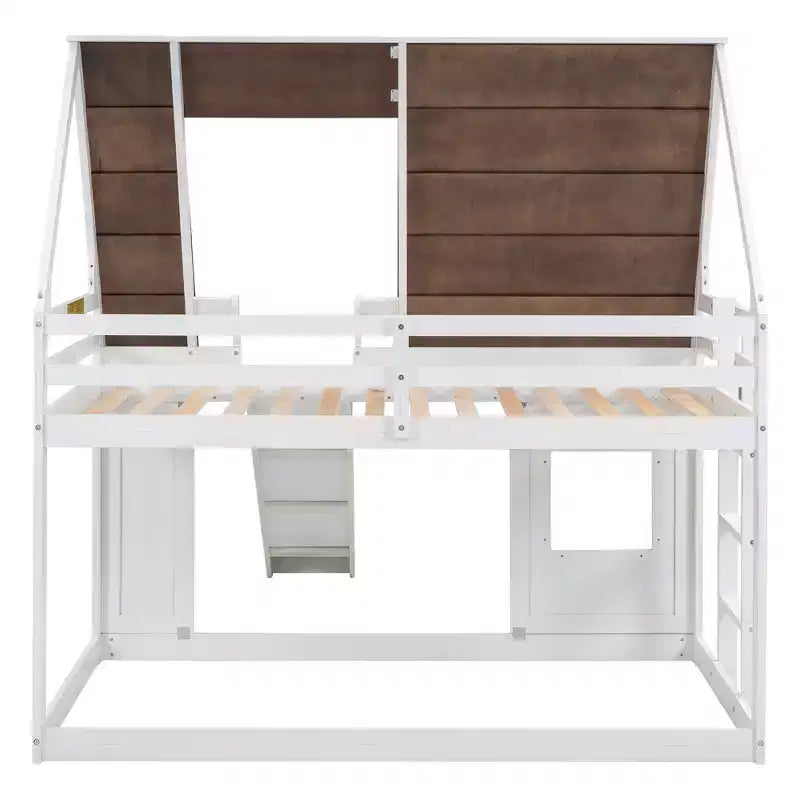 Lit superposé simple Lit mezzanine ludique Lit cabane pour enfants avec échelle, toboggan et toit, blanc et marron - ModernLuxe