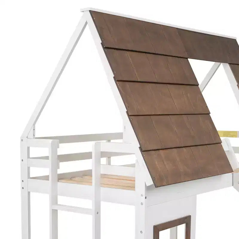 Lit superposé simple Lit mezzanine ludique Lit cabane pour enfants avec échelle, toboggan et toit, blanc et marron - ModernLuxe