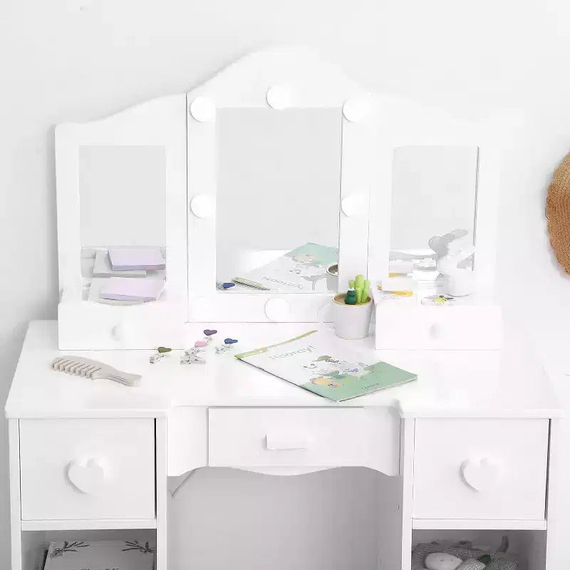 Coiffeuse pour Filles avec Miroir Triple, Table et Tabouret de Maquillage en Bois 2 en 1, Bureau de Maquillage de Princesse avec Tiroir pour Petites Filles