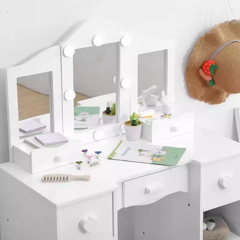 Coiffeuse pour Filles avec Miroir Triple, Table et Tabouret de Maquillage en Bois 2 en 1, Bureau de Maquillage de Princesse avec Tiroir pour Petites Filles