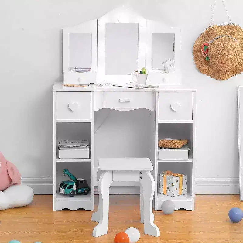 Coiffeuse pour Filles avec Miroir Triple, Table et Tabouret de Maquillage en Bois 2 en 1, Bureau de Maquillage de Princesse avec Tiroir pour Petites Filles