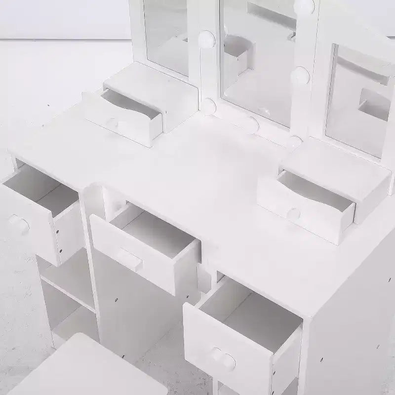 Coiffeuse pour Filles avec Miroir Triple, Table et Tabouret de Maquillage en Bois 2 en 1, Bureau de Maquillage de Princesse avec Tiroir pour Petites Filles