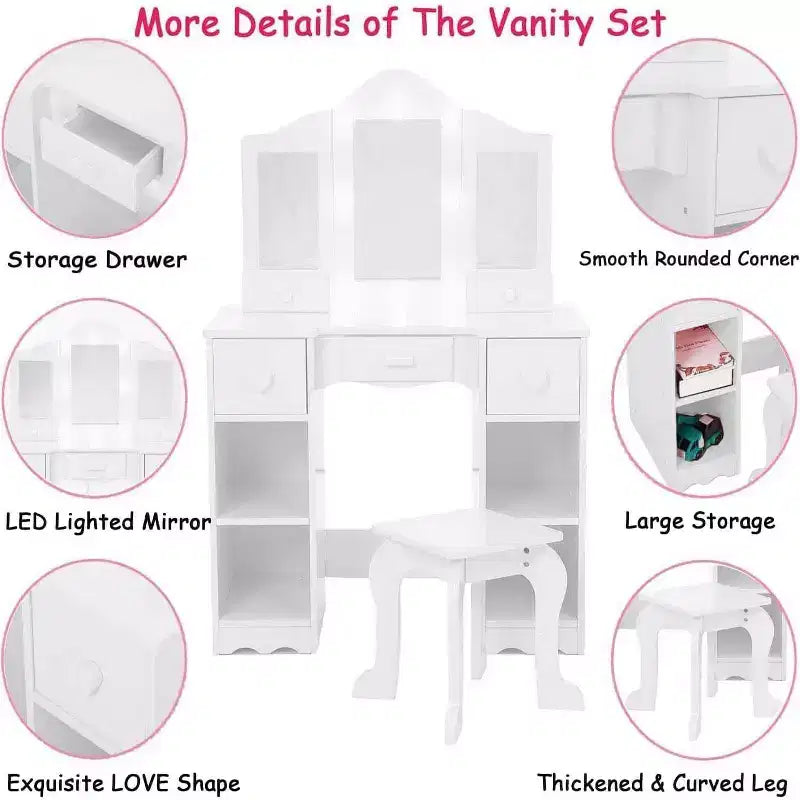 Coiffeuse pour Filles avec Miroir Triple, Table et Tabouret de Maquillage en Bois 2 en 1, Bureau de Maquillage de Princesse avec Tiroir pour Petites Filles