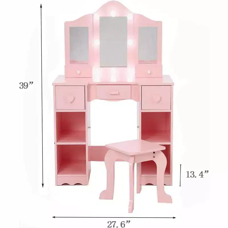 Coiffeuse pour Filles avec Miroir Triple, Table et Tabouret de Maquillage en Bois 2 en 1, Bureau de Maquillage de Princesse avec Tiroir pour Petites Filles