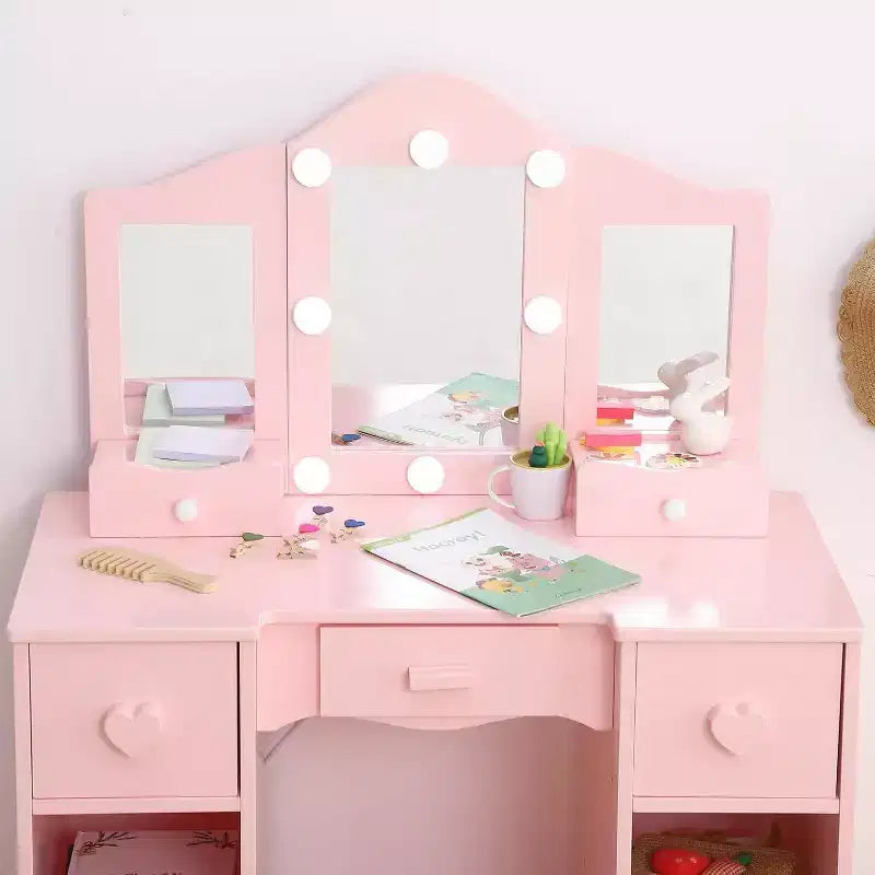 Coiffeuse pour Filles avec Miroir Triple, Table et Tabouret de Maquillage en Bois 2 en 1, Bureau de Maquillage de Princesse avec Tiroir pour Petites Filles