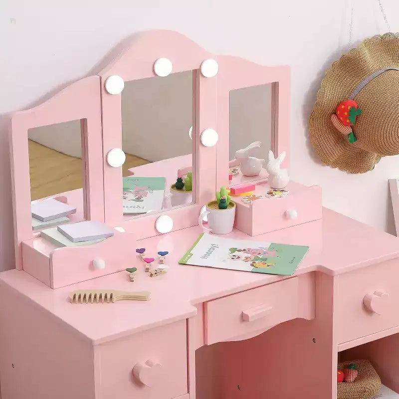 Coiffeuse pour Filles avec Miroir Triple, Table et Tabouret de Maquillage en Bois 2 en 1, Bureau de Maquillage de Princesse avec Tiroir pour Petites Filles