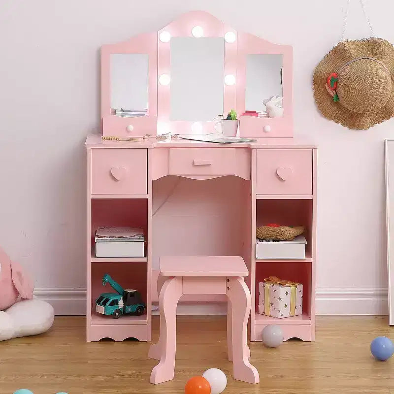 Coiffeuse pour Filles avec Miroir Triple, Table et Tabouret de Maquillage en Bois 2 en 1, Bureau de Maquillage de Princesse avec Tiroir pour Petites Filles