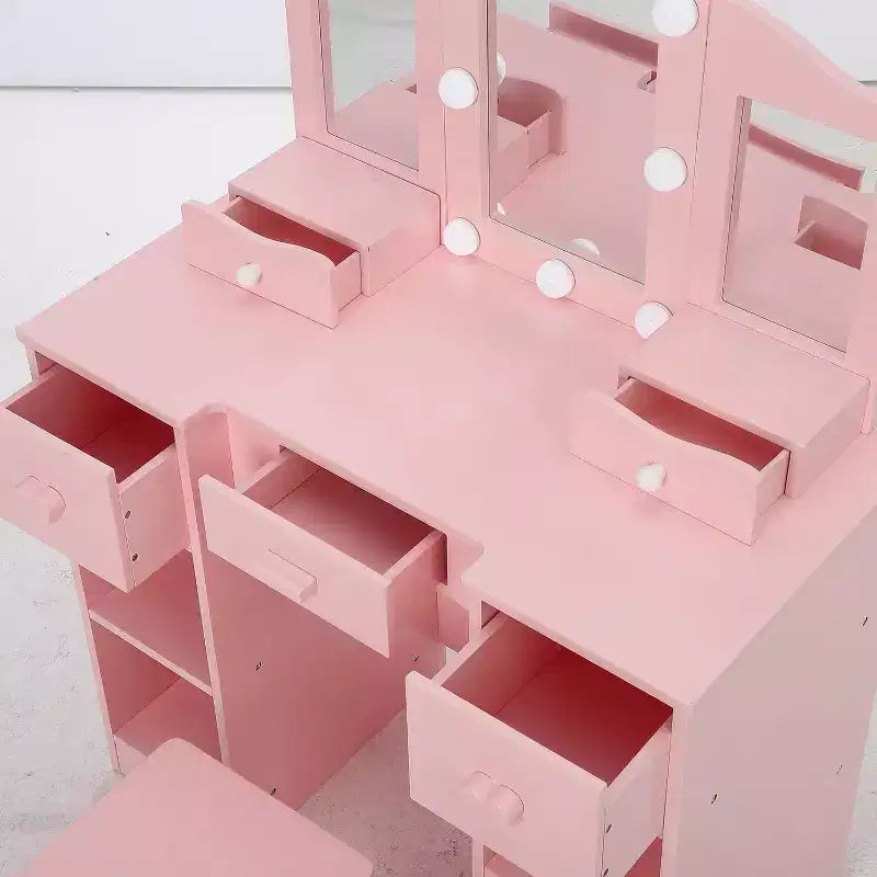 Coiffeuse pour Filles avec Miroir Triple, Table et Tabouret de Maquillage en Bois 2 en 1, Bureau de Maquillage de Princesse avec Tiroir pour Petites Filles