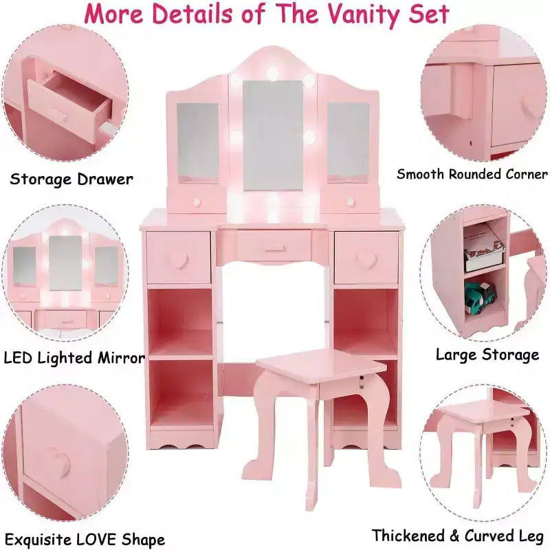 Coiffeuse pour Filles avec Miroir Triple, Table et Tabouret de Maquillage en Bois 2 en 1, Bureau de Maquillage de Princesse avec Tiroir pour Petites Filles