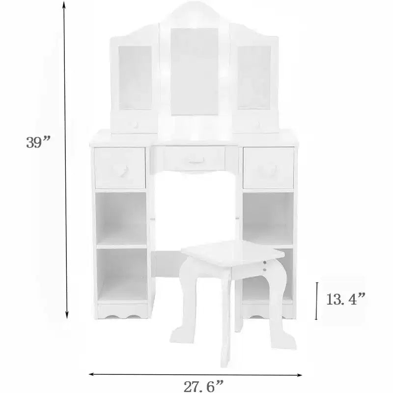 Coiffeuse pour Filles avec Miroir Triple, Table et Tabouret de Maquillage en Bois 2 en 1, Bureau de Maquillage de Princesse avec Tiroir pour Petites Filles
