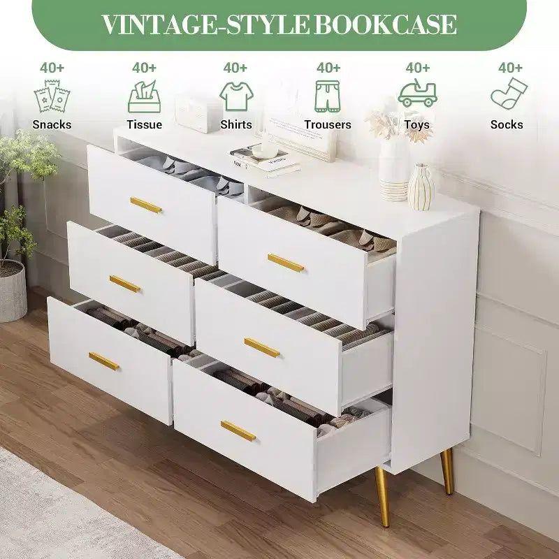 Commode Acekool à 6 tiroirs, commode moderne avec poignées et pieds dorés, meuble de rangement pour chambre ou salon