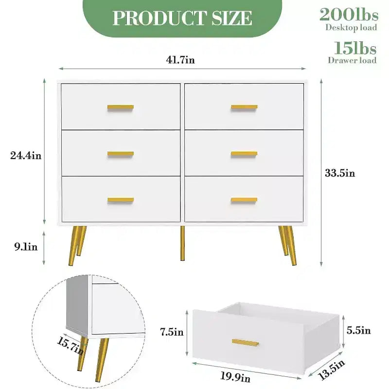 Commode Acekool à 6 tiroirs, commode moderne avec poignées et pieds dorés, meuble de rangement pour chambre ou salon