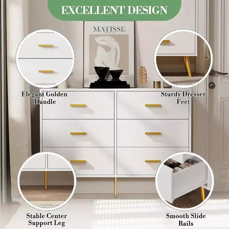 Commode Acekool à 6 tiroirs, commode moderne avec poignées et pieds dorés, meuble de rangement pour chambre ou salon