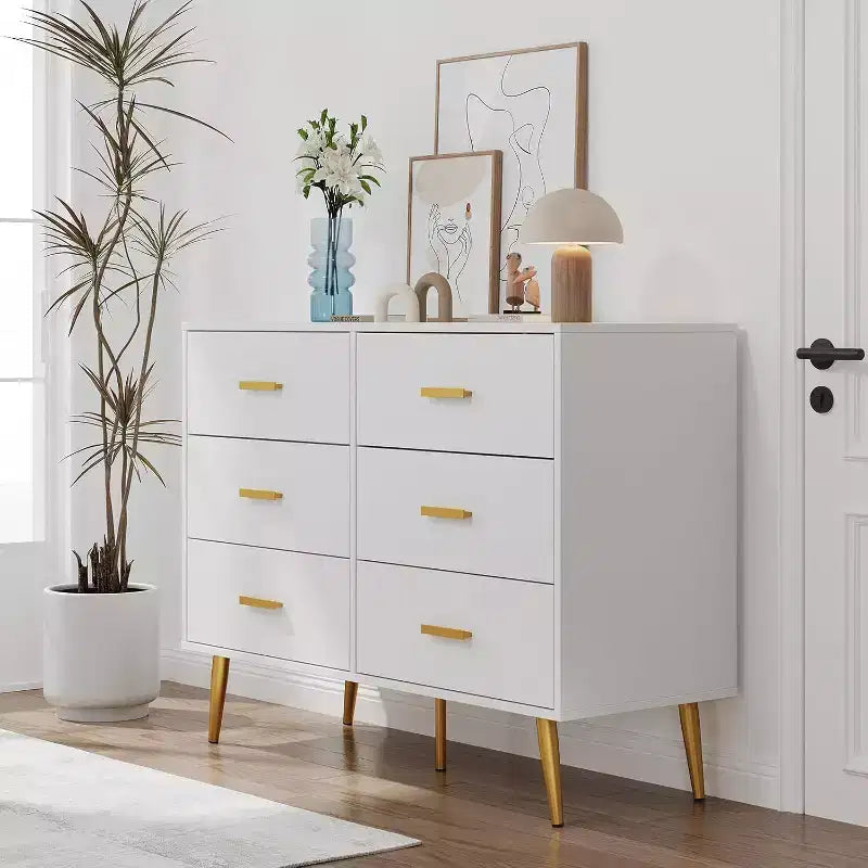 Commode Acekool à 6 tiroirs, commode moderne avec poignées et pieds dorés, meuble de rangement pour chambre ou salon