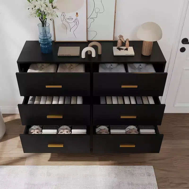 Commode Acekool à 6 tiroirs, commode moderne avec poignées et pieds dorés, meuble de rangement pour chambre ou salon