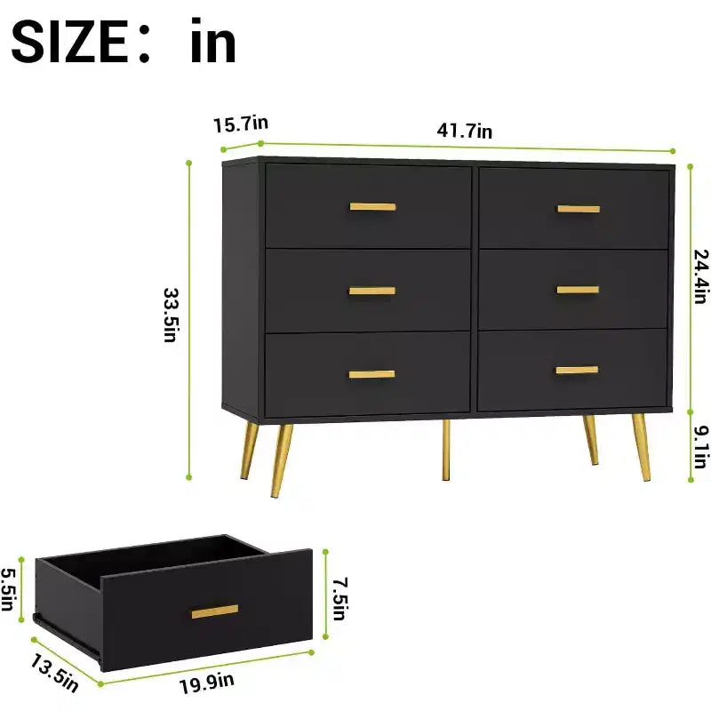 Commode Acekool à 6 tiroirs, commode moderne avec poignées et pieds dorés, meuble de rangement pour chambre ou salon