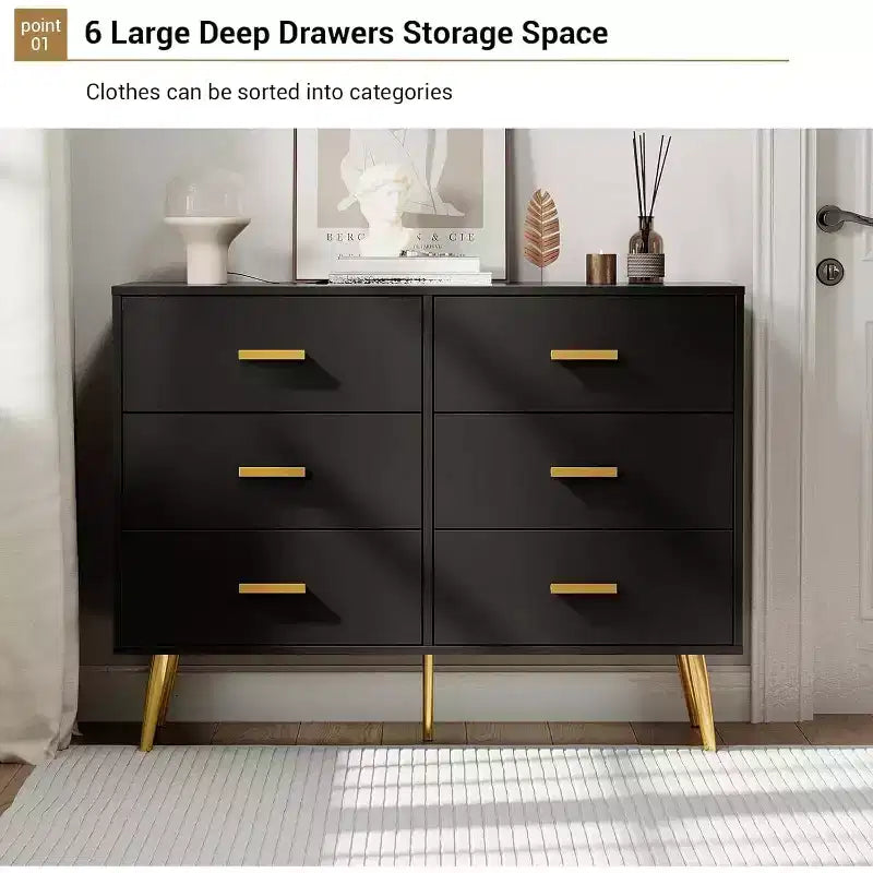 Commode Acekool à 6 tiroirs, commode moderne avec poignées et pieds dorés, meuble de rangement pour chambre ou salon