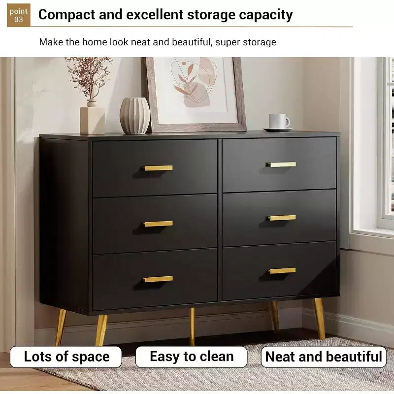 Commode Acekool à 6 tiroirs, commode moderne avec poignées et pieds dorés, meuble de rangement pour chambre ou salon