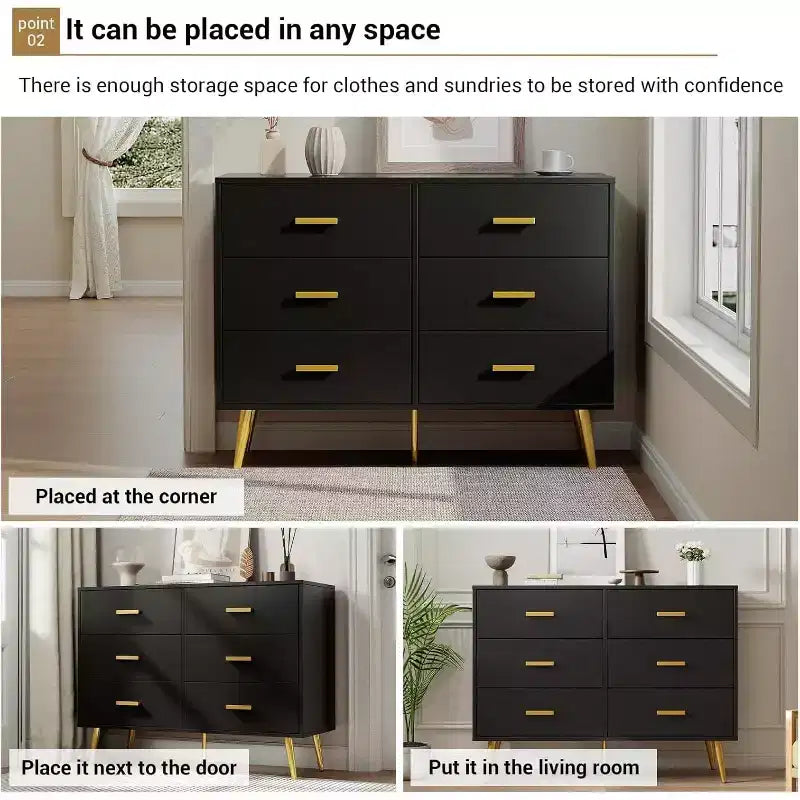 Commode Acekool à 6 tiroirs, commode moderne avec poignées et pieds dorés, meuble de rangement pour chambre ou salon