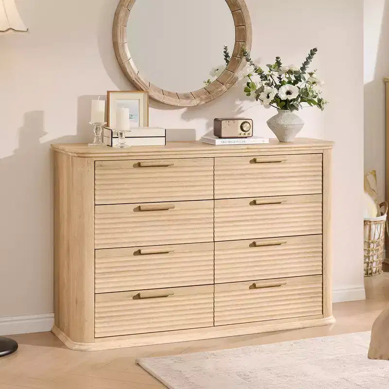 Commode moderne en bois Zeus et Ruta Fluted 52 avec 8 tiroirs, design courbé pour salon et couloir