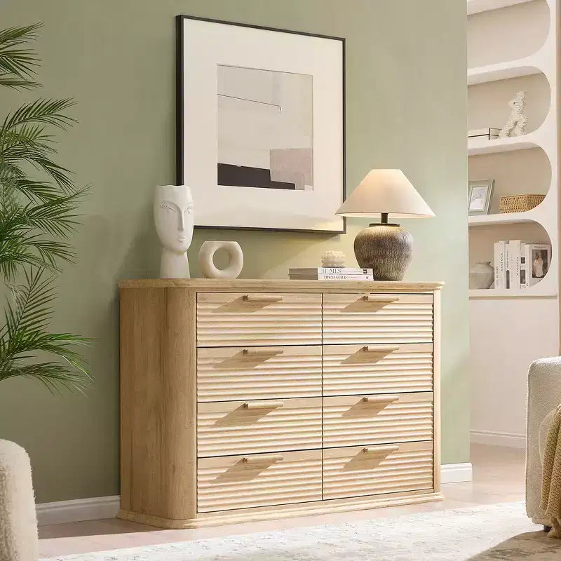 Commode moderne en bois Zeus et Ruta Fluted 52 avec 8 tiroirs, design courbé pour salon et couloir