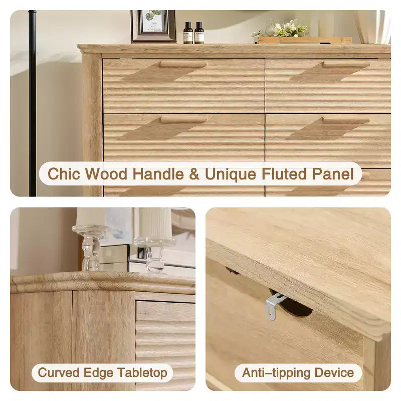 Commode moderne en bois Zeus et Ruta Fluted 52 avec 8 tiroirs, design courbé pour salon et couloir