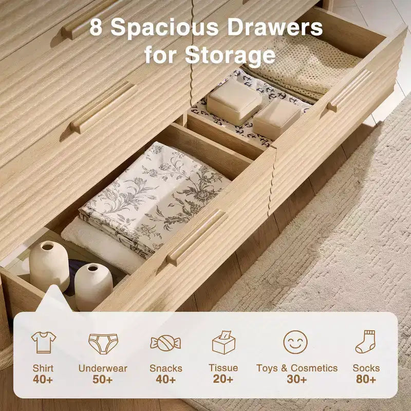 Commode moderne en bois Zeus et Ruta Fluted 52 avec 8 tiroirs, design courbé pour salon et couloir