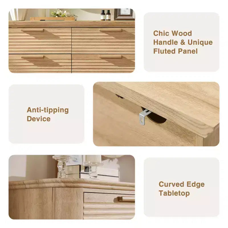 Commode moderne en bois Zeus et Ruta Fluted 52 avec 8 tiroirs, design courbé pour salon et couloir