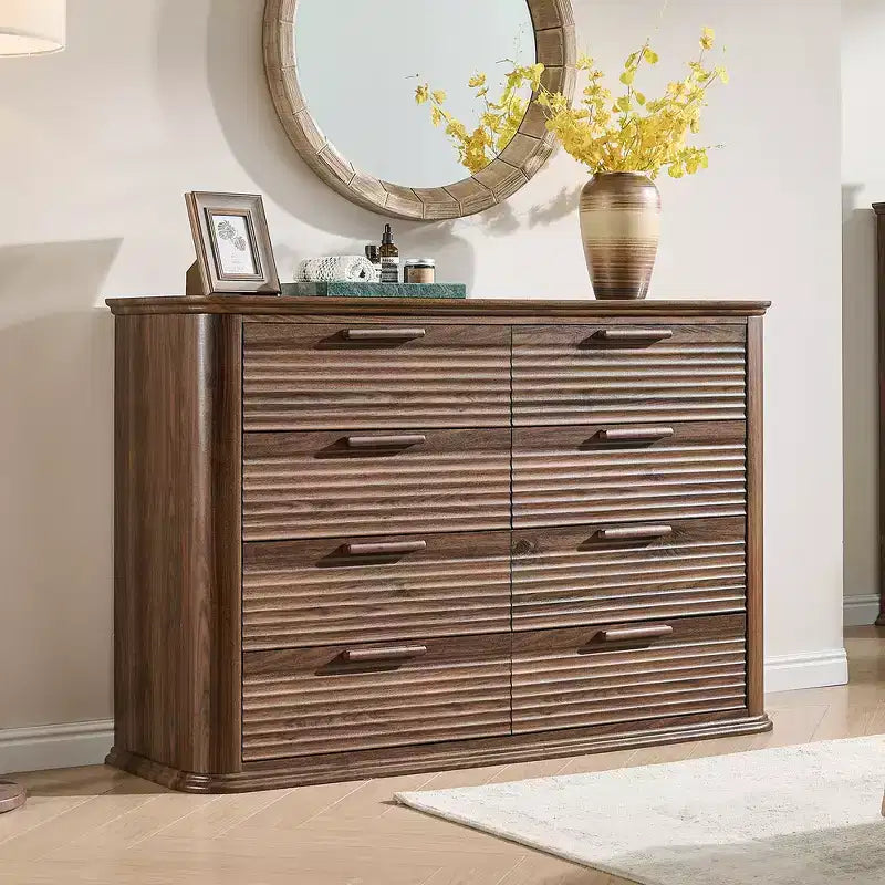 Commode moderne en bois Zeus et Ruta Fluted 52 avec 8 tiroirs, design courbé pour salon et couloir