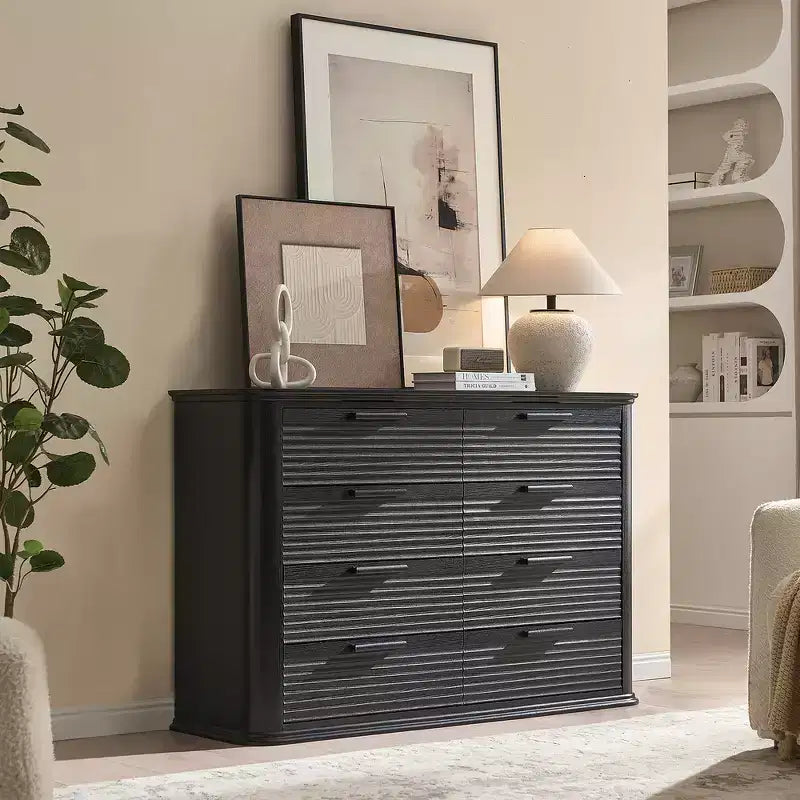 Commode moderne en bois Zeus et Ruta Fluted 52 avec 8 tiroirs, design courbé pour salon et couloir