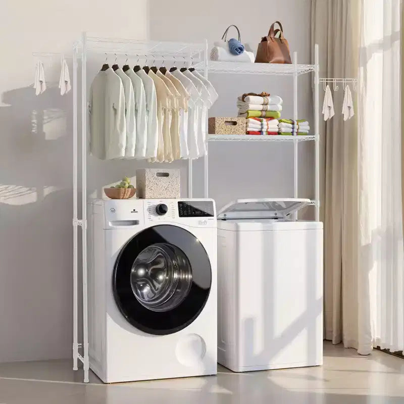 Étagères de rangement VEVOR pour machine à laver et sèche-linge, étendoir à linge à 5 niveaux avec tringle et crochets, étagères réglables à deux rangées, Blanc