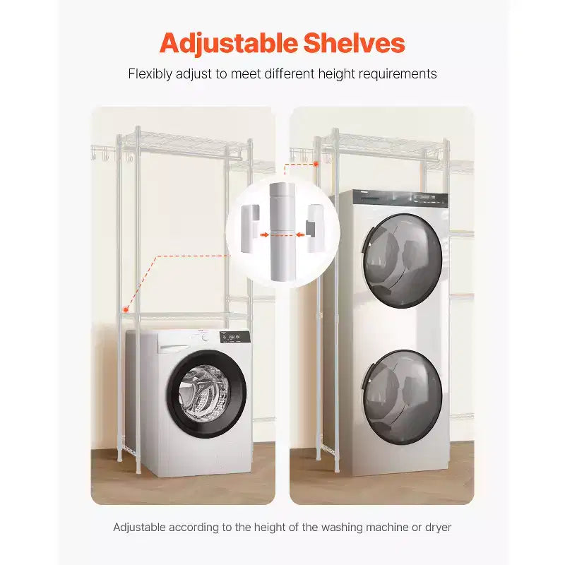 Étagères de rangement VEVOR pour machine à laver et sèche-linge, étendoir à linge à 5 niveaux avec tringle et crochets, étagères réglables à deux rangées, Blanc