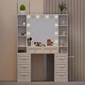 GDFStudio Fina Modern Mirror Vanity Table with Lights, Charging Station, 7 Drawers and Open Shelves