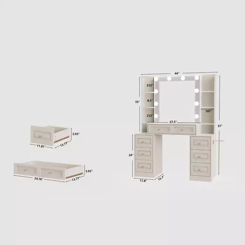 GDFStudio Fina Coiffeuse Miroir Moderne avec Lumières, Station de Charge, 7 Tiroirs et Étagères Ouvertes