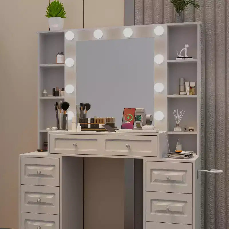 GDFStudio Fina Coiffeuse Miroir Moderne avec Lumières, Station de Charge, 7 Tiroirs et Étagères Ouvertes