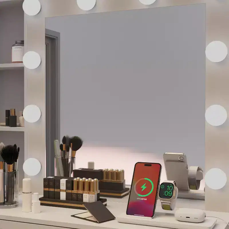GDFStudio Fina Coiffeuse Miroir Moderne avec Lumières, Station de Charge, 7 Tiroirs et Étagères Ouvertes
