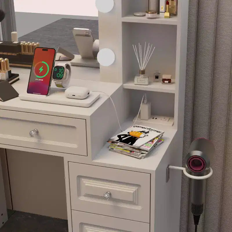 GDFStudio Fina Coiffeuse Miroir Moderne avec Lumières, Station de Charge, 7 Tiroirs et Étagères Ouvertes