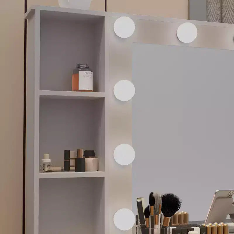 GDFStudio Fina Coiffeuse Miroir Moderne avec Lumières, Station de Charge, 7 Tiroirs et Étagères Ouvertes