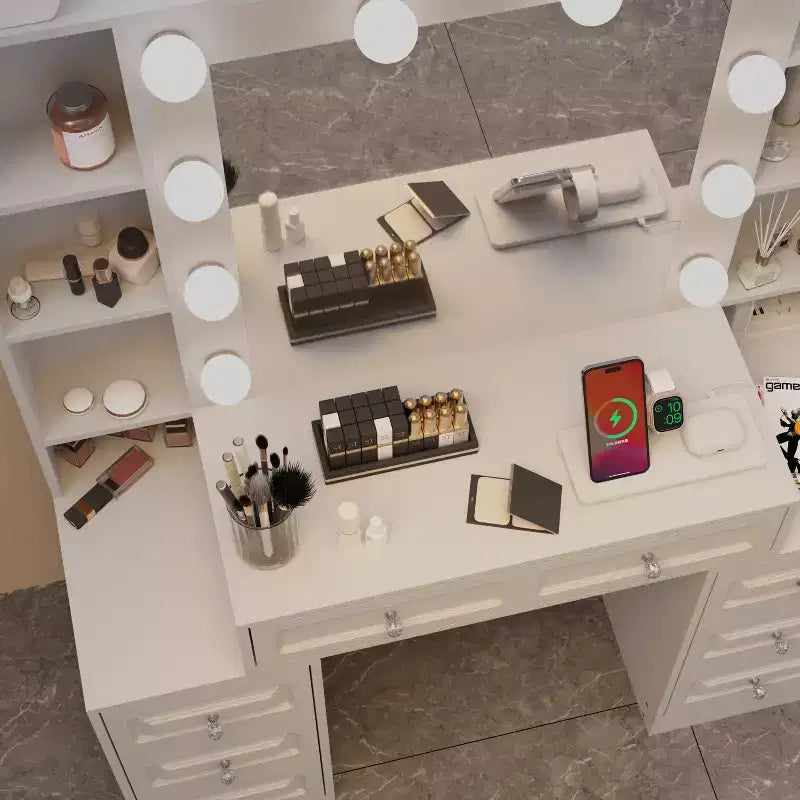 GDFStudio Fina Coiffeuse Miroir Moderne avec Lumières, Station de Charge, 7 Tiroirs et Étagères Ouvertes