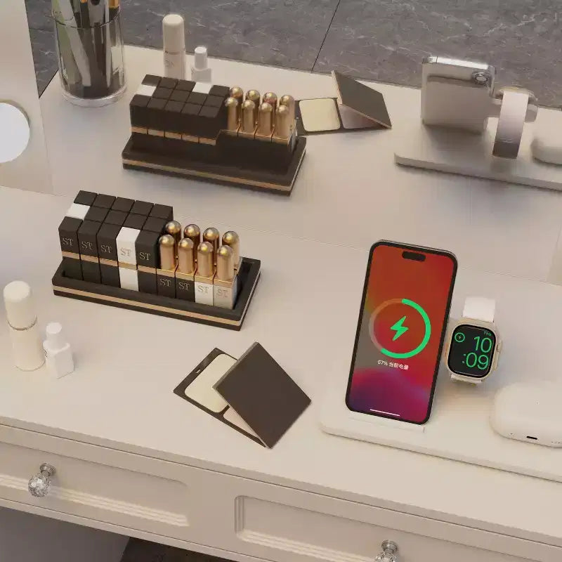 GDFStudio Fina Coiffeuse Miroir Moderne avec Lumières, Station de Charge, 7 Tiroirs et Étagères Ouvertes