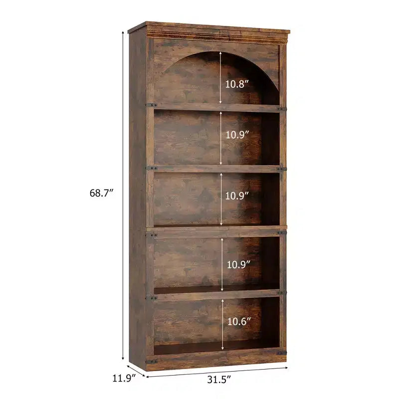 Bibliothèque arche de ferme, étagère haute de 68,7 po avec design en arche, bibliothèque en bois avec base en bois, étagères à 5 niveaux, étagère à livres rustique vintage.