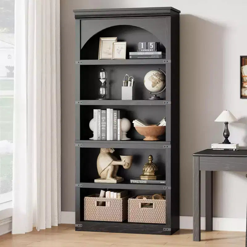 Farmhouse Arched Bookcase, 68.7 Tall Bookshelf w/Arche Design, Wooden Arch Bookshelf with Wooden Base, 5 Tier Bookshelves Rustic Vintage Book Shelf