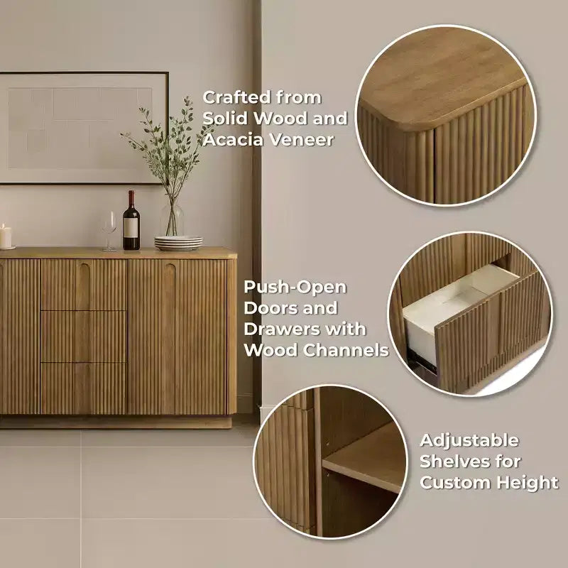 Buffet Teamson Home Potomac moderne bohème en bois massif avec 3 tiroirs, 2 portes, étagère réglable et rangement à ouverture par pression