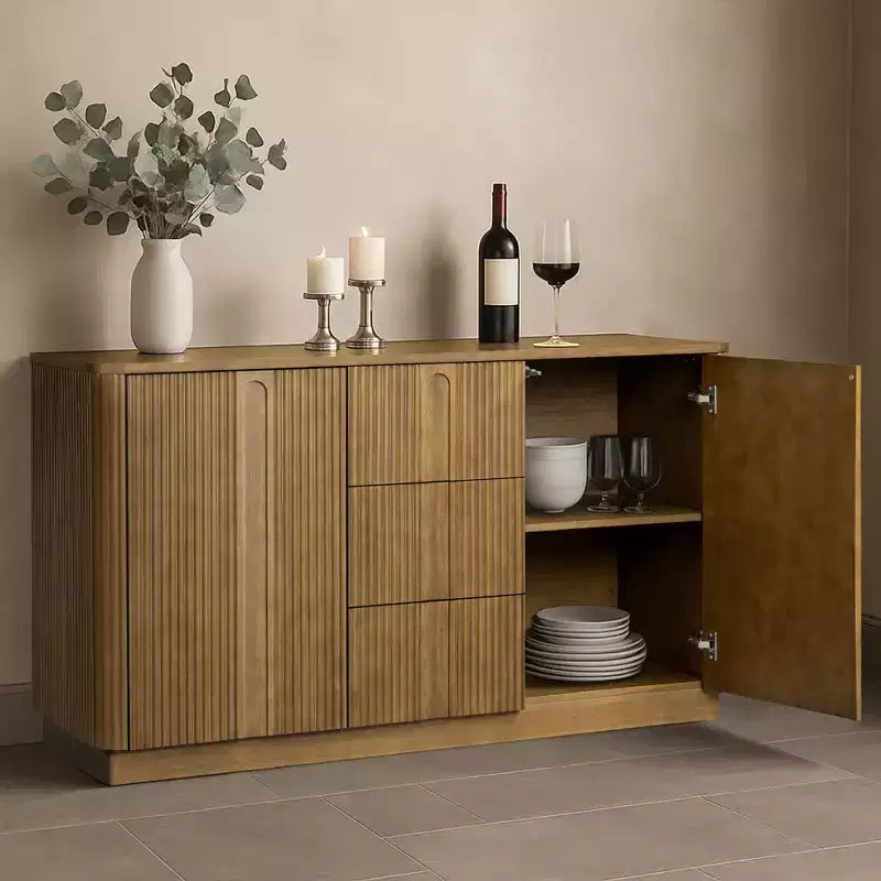 Buffet Teamson Home Potomac moderne bohème en bois massif avec 3 tiroirs, 2 portes, étagère réglable et rangement à ouverture par pression