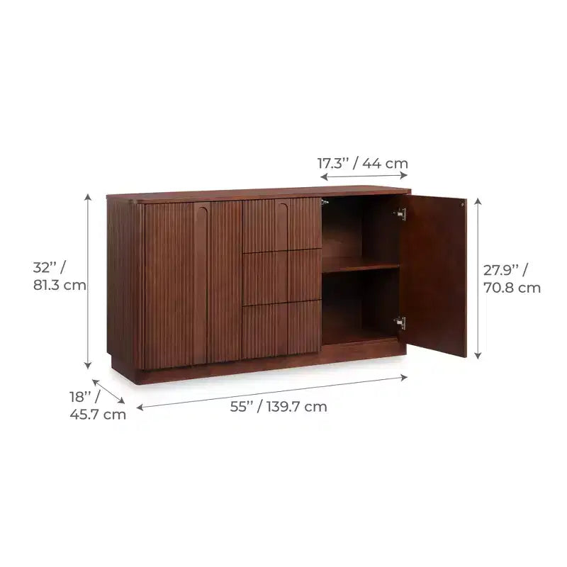 Buffet Teamson Home Potomac moderne bohème en bois massif avec 3 tiroirs, 2 portes, étagère réglable et rangement à ouverture par pression